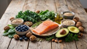 A vibrant arrangement of healthy whole foods including fresh berries, leafy greens, nuts, and salmon on a rustic surface.