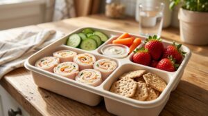 A colorful bento box packed with turkey roll-ups, fresh berries, vegetable sticks, and Greek yogurt dip.