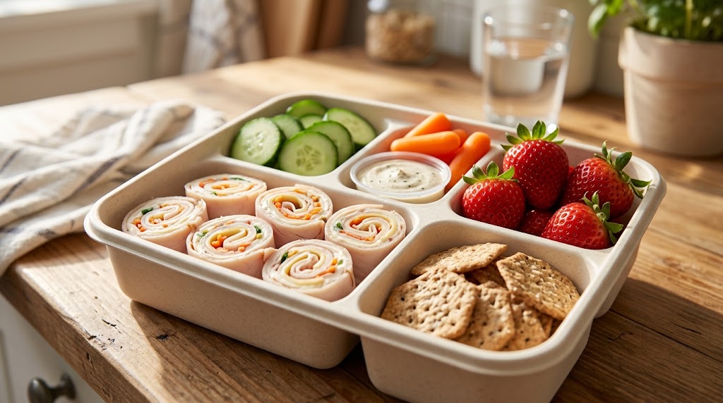 A colorful bento box packed with turkey roll-ups, fresh berries, vegetable sticks, and Greek yogurt dip.