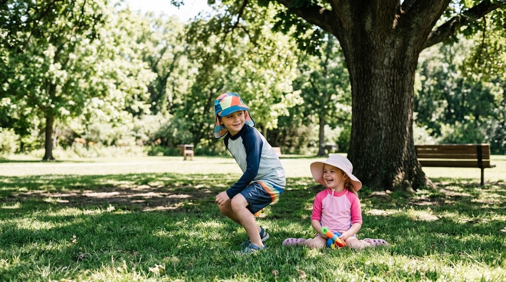 A young boy and girl sitting together outdoors wearing colorful wide-brimmed hats, smiling under bright sunshine on a green lawn.