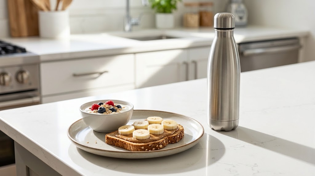 A healthy pre-workout snack featuring sliced banana on whole-grain toast alongside a water bottle on a clean table.